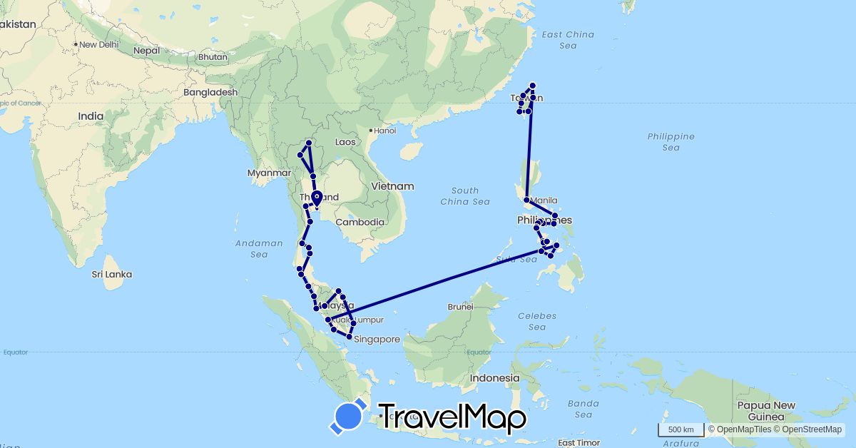 TravelMap itinerary: driving in Malaysia, Philippines, Thailand, Taiwan (Asia)