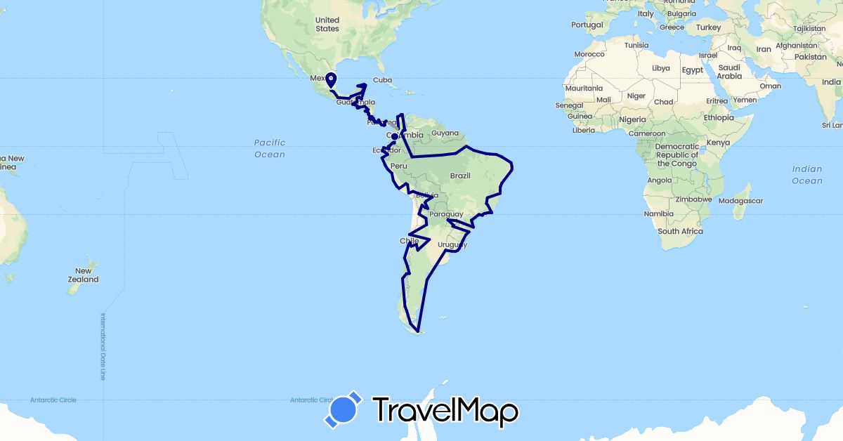 TravelMap itinerary: driving, plane in Argentina, Bolivia, Brazil, Belize, Chile, Colombia, Costa Rica, Ecuador, Guatemala, Honduras, Mexico, Nicaragua, Panama, Peru, Paraguay, El Salvador, Uruguay (North America, South America)